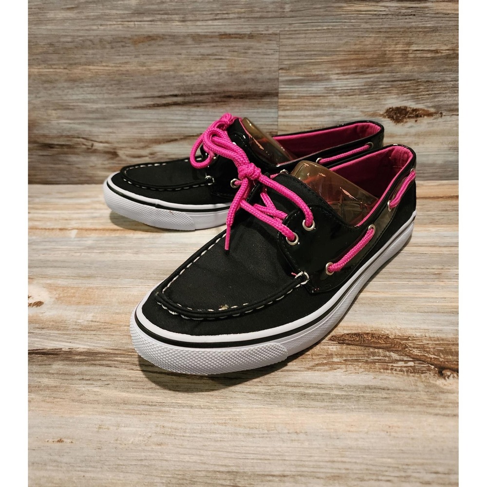 Bluefin Scuttle Mens 7.5 Boat Shoes Black Pink Canvas Patent Trim Deck Shoes